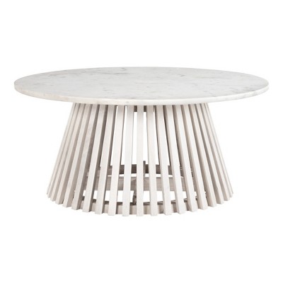 HomeRoots 32" White and Natural Genuine Marble and Solid Wood Round Drum Coffee Table