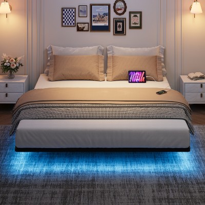 Floating Bed Frame, King Size Bed Frame with Led Lights, Charging Station, Metal Platform Bed Frame King, No Noise, No Box Spring Needed