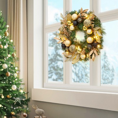 22 Inch Artificial Christmas Wreath with Ball Ornaments, Golden Leaves, Pine Needles and LED Light Winter Wreath with Timer for Door Window Fireplace