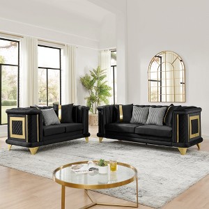 89"-Seater & 69" Loveseat Velvet Luxury Tufted Sofa Set with Embroidered Texture, Gold Stainless Steel Trims and 7 Decorative Pillows - 1 of 4