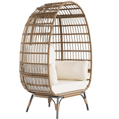 Egg Chair, Wicker Egg Chair with Plush Cushion, Steel Frame and Metal Base, Lounge Chair for Indoor & Outdoor Patio, Living Room, and Backyard