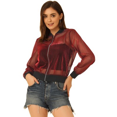 Allegra K Women's Sheer Mesh Shiny Long Sleeve See-through Zip-up Jacket  Red X-large : Target