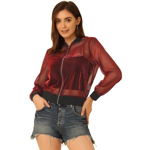 Allegra K Women's Sheer Mesh Shiny Long Sleeve See-Through Zip-Up Jacket - 1 of 4