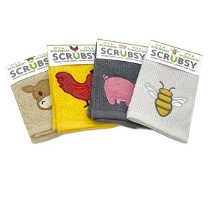 MU Kitchen Scrubsy Dish Cloth Set with Built In Scrubber, Set of 4, Farm Animals - 1 of 2