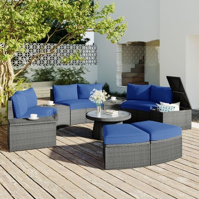 Outdoor Sofa Set, PE Wicker Sofa With Cushions, Sectional Sofa Set for Free Combination, Multifunctional Table and Stools-Coolbibila