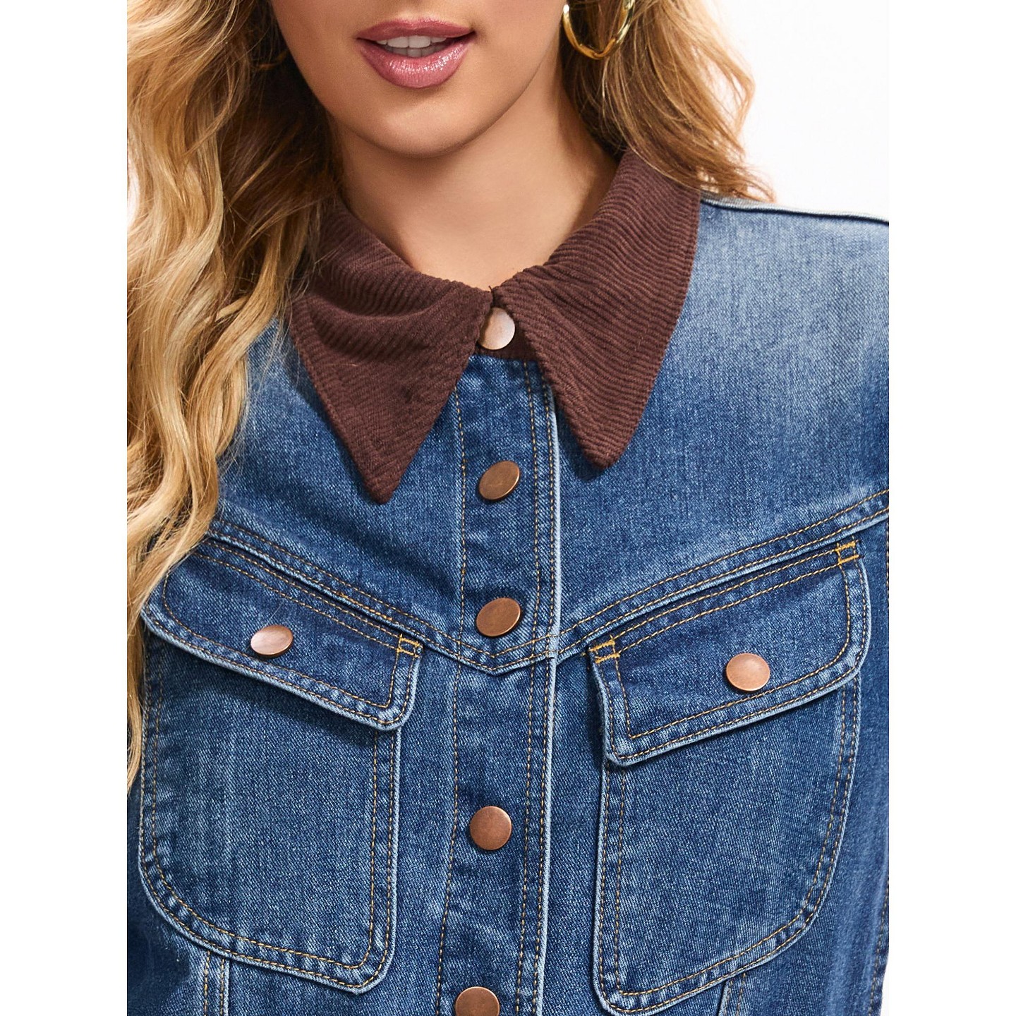 Женские куртки INSPIRE CHIC Jean Trendy Button Down Corduroy Collar Barn Jackets Denim Shacket Small Deep Blue, цвет: Джинсовый — фото 5