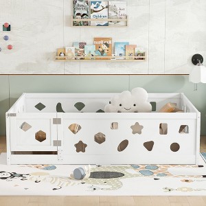 CAVINAS Twin Size Wood Montessori Bed,House-Shaped Floor Bed with Heightened Safety Guardrails and Door,Toddler Bed for Bedroom - 1 of 4