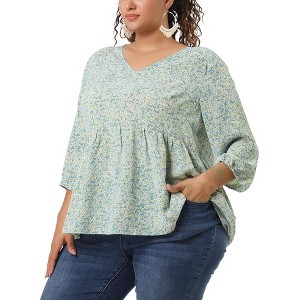 Agnes Orinda Women's Plus Size V Neck Babydoll 3/4 Lantern Sleeve Casual Floral Flowy Blouses - 1 of 4