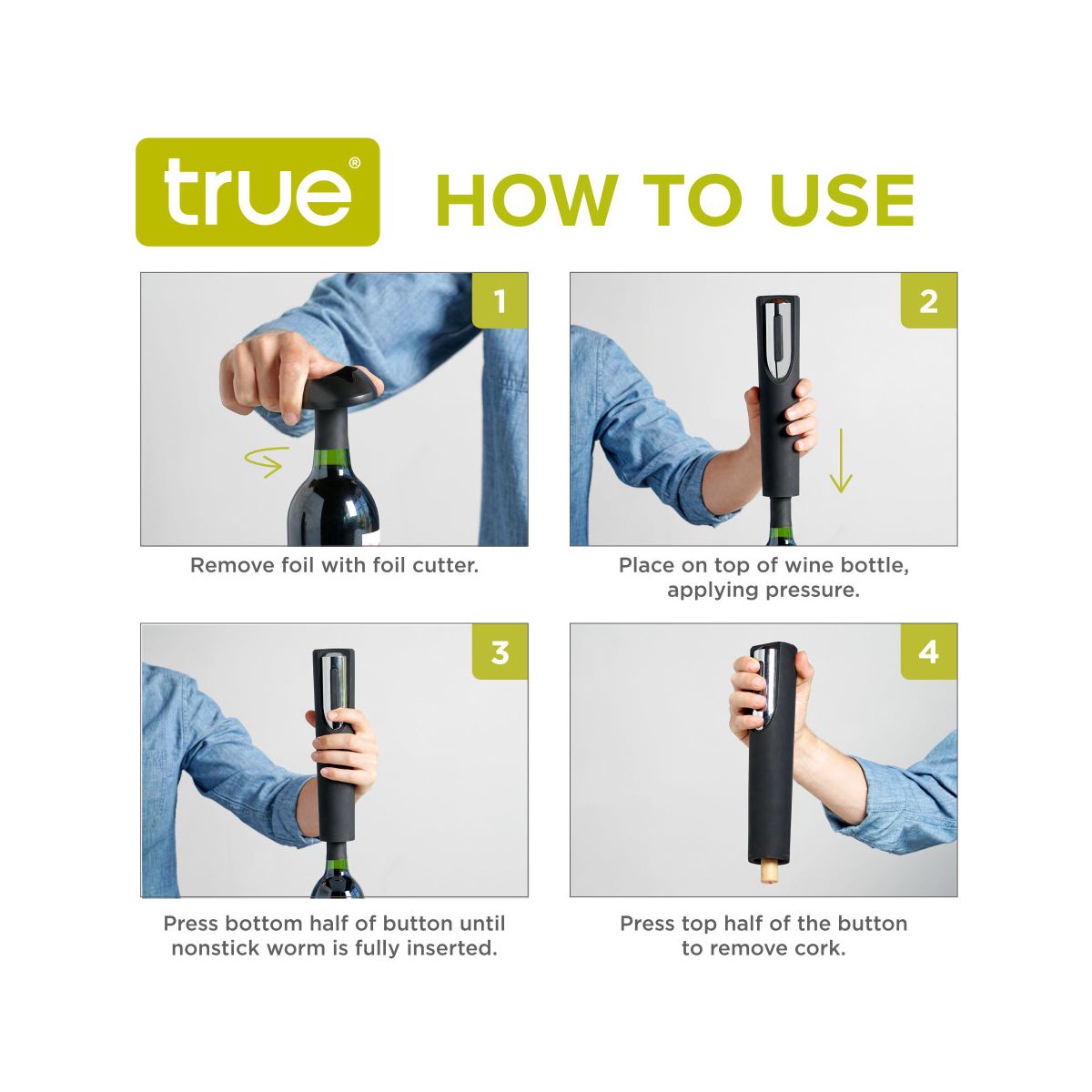 True Vino Drill Electric Wine Bottle Opener - Automatic Corkscrew Wine Opener with Foil Cutter and Stand - Black Set of 1 - thumbnail 3