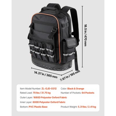 VEVOR Tool Backpack, 64 Pockets, Heavy-duty Tools Storage Organizer Work Bags with Laptop Compartment & Molded Base, Black+Orange — фото 8
