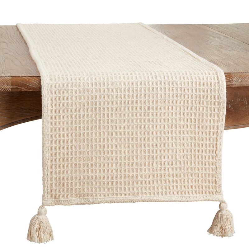 Saro Lifestyle Cotton Table Runner With Waffle Weave Design, Beige, 16" x 72", 1 of 4
