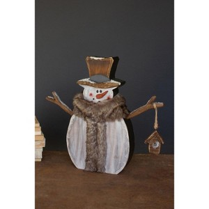 Painted Wood Snowman with Faux Fur Scarf 17.5"H, Multi-Color Distressed Christmas Decor By Kalalou - 1 of 4