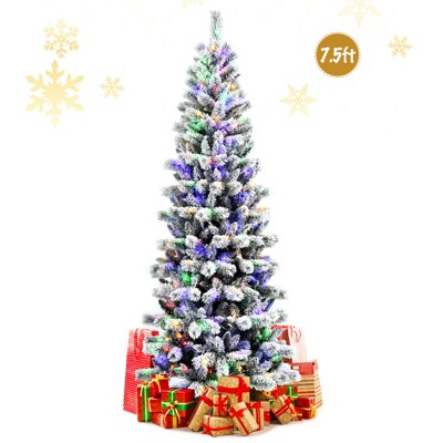 Tangkula Pre-lit Snow Flocked Christmas Pine Tree, Hinged Artificial Xmas Tree W/ Remote-controlled Multi-Color Lights