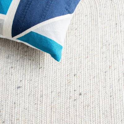 Ivory and Blue Round Braided Wool Area Rug, 5' x 5'
