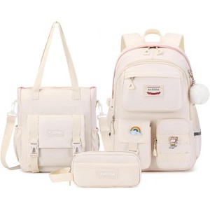Girl's Backpack,handbag,cute teenage multi pocket backpack,suitable for elementary,elementary,and high school,Beige 3-piece set - 1 of 4