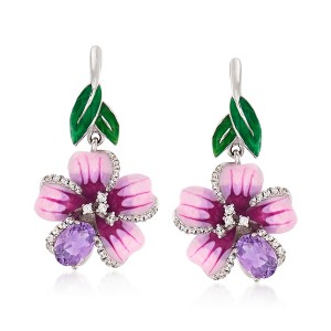 Ross-Simons 1.40 ct. t.w. Amethyst and .28 ct. t.w. White Topaz Flower Drop Earrings With Multicolored Enamel in Sterling Silver - 1 of 4