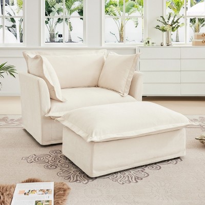 2 Piece Lazy Armrests Sofa Chairs,Chenille Fabric Upholstered Sectional Modular Sofa Chair,Sectional Modular Sofa With Ottoman-Coolbibila