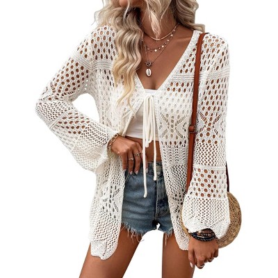 Womens Cardigan Spring Tops Sheer Lightweight Summer Cardigan Beach Cover Up Tops V Neck Lantern Sleeve Sweater Cardigan