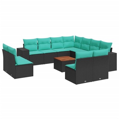 vidaXL 12 Piece Patio Sofa Set with Cushions Black Poly Rattan - Black and Blue