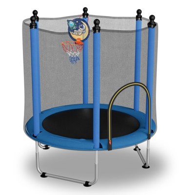 VYNXARIA 140CM Blue Trampoline with Safety Net and Basketball Hoop - Outdoor Fun for Kids