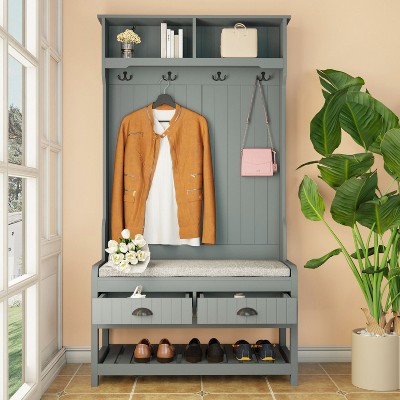 Famapy Wood 3-in-1 Hall Tree with 4-Metal Hooks Storage Bench