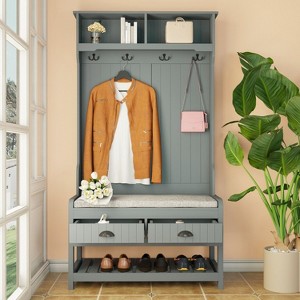 Famapy Wood 3-in-1 Hall Tree with 4-Metal Hooks Storage Bench - 1 of 4