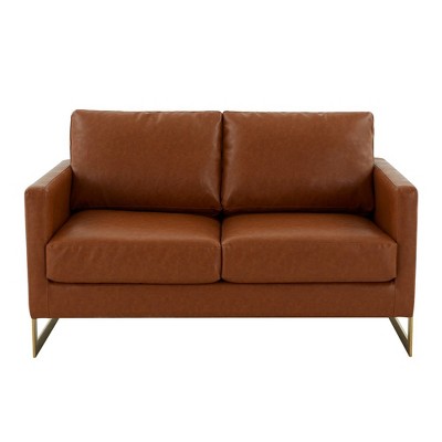 Cognac Tan Faux Leather Loveseat with Gold Metal Legs