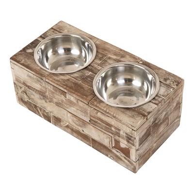 Large Rustic Reclaimed Wood Elevated Pet Feeder with Stainless Steel Bowls