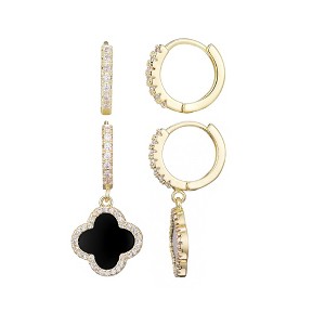 Adornia 14k Gold Plated Halo Black Clover CZ Huggie Set - 1 of 4