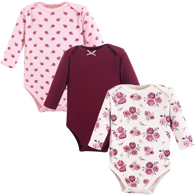 Hudson Baby Infant Girl Cotton Long-Sleeve Bodysuits 3pk, Rose, 1 of 4