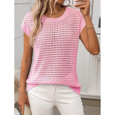 Womens Semi Sheer Lightweight Crochet Crew Neck Sweater Tops for Summer Cap Sleeve Casual Pullover Sweate