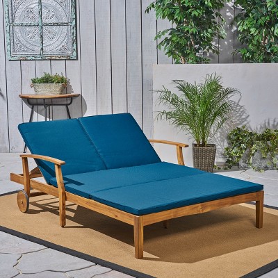 Samantha Double Chaise Lounge with Blue Cushions and Acacia Wood Frame