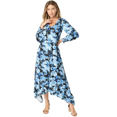 Roaman's Women's Plus Size Blouson-Sleeve Ruffle Maxi Dress