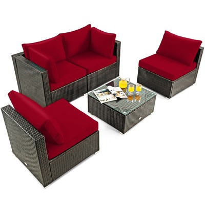 Tangkula 5PCS Rattan Patio Furniture Set Cushioned Sofa Chair Coffee Table Set Easy Assemble Red/Turquoise/White/Navy/Black
