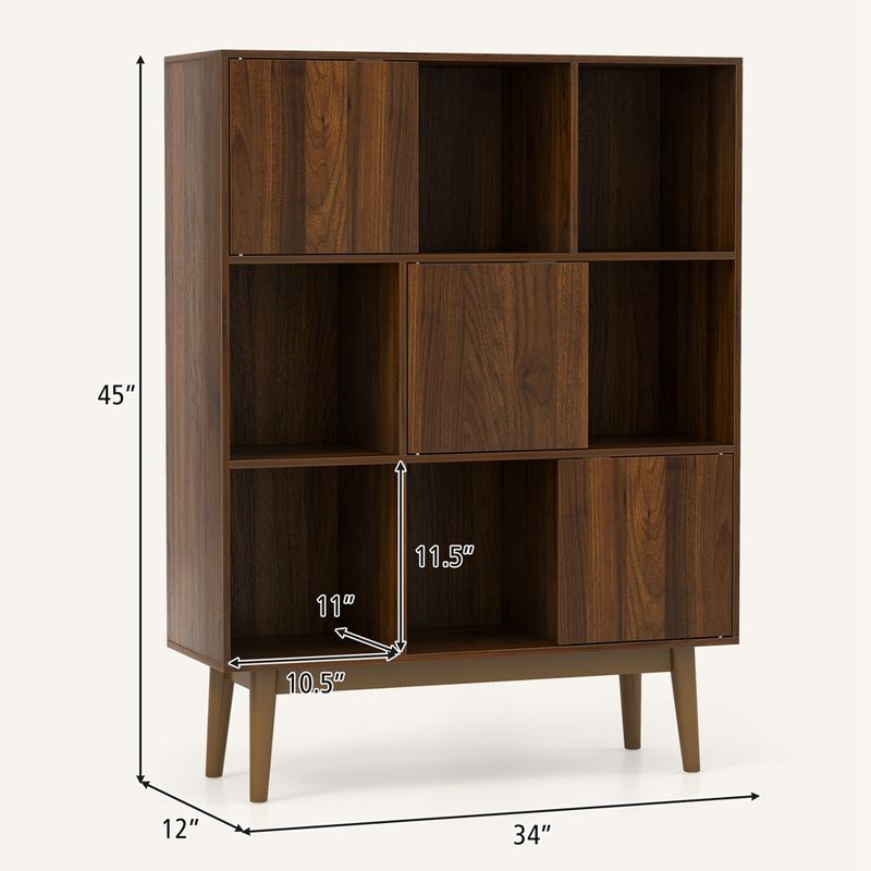 Costway 9-Cube Bookshelf 3-Tier Floor-standing Bookcase with Open Shelves & 3 Doors, 3 of 11