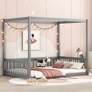 CAVINAS Twin/Full Size Bed Frame with Canopy-Style Top & Guardrails,Modern Floor Bed for Kids Room,Bedroom - 1 of 4