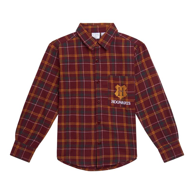 Harry Potter Big Boys Flannel Button Down Dress Shirt Plaid Maroon Red 10-12