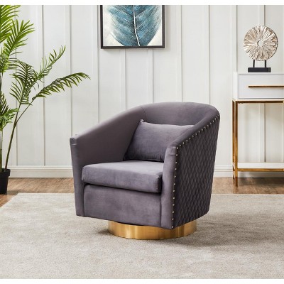 Slate Grey Velvet Swivel Barrel Chair with Gold Base