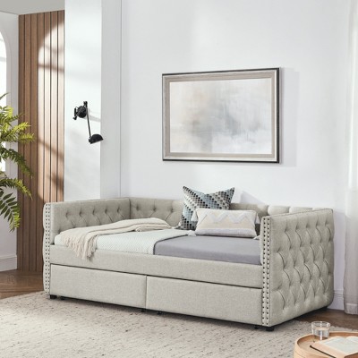 Twin Size Upholstered Daybed with Two Storage Drawers,Tufted Sofa Bed w/Button on Back for Bedroom Guest Room, No Box Spring Needed