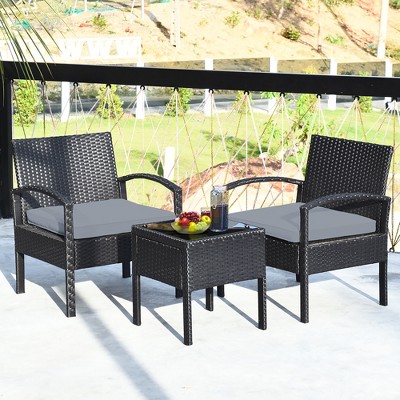 Costway 3PC Patio Rattan Furniture Set Coffee Table Conversation Sofa Cushioned Gray