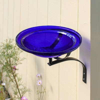 Cobalt Blue Crackle Glass Wall-Mounted Birdbath with Iron Bracket