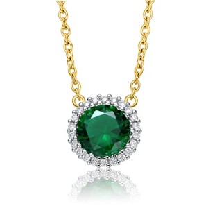 Guili Sterling Silver Two-Tone Necklace with Gold Link Chain and Round CZ in Green, Blue, or Red—Stylish and Perfect for Any Occasion. - 1 of 2
