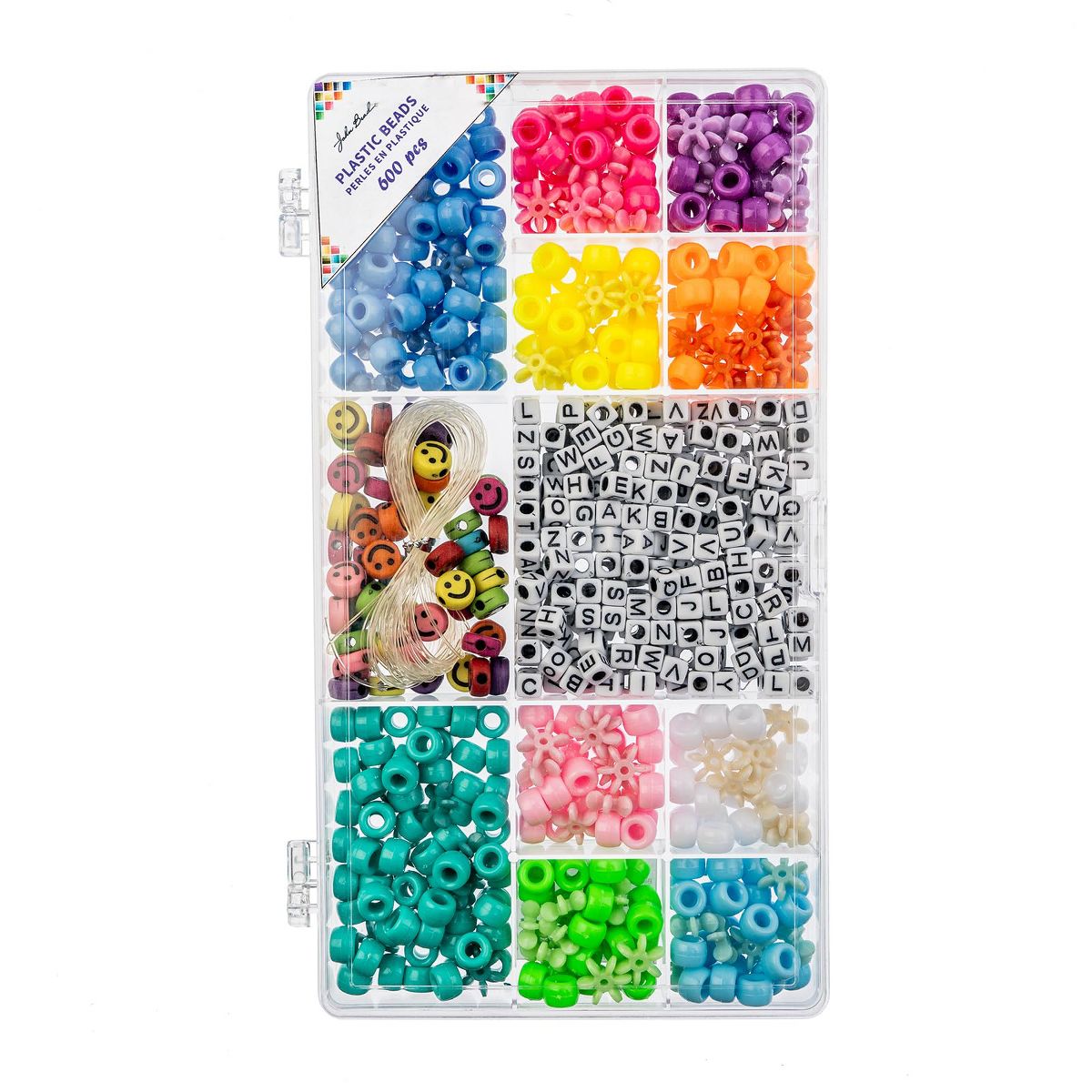 John Bead 600pcs Assorted Plastic Alphabet Pony Beads with 5m Elastic Cord for DIY Crafts Bracelets Necklaces Jewelry Making Bead Box - thumbnail 4