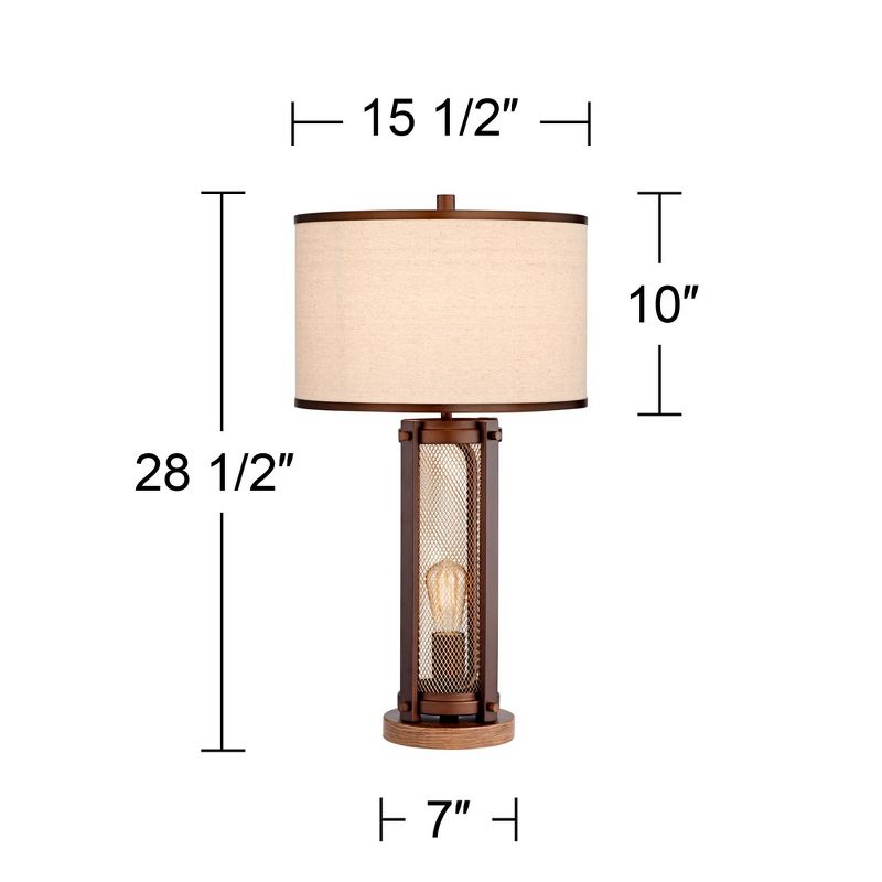 Franklin Iron Works Otto Rustic Farmhouse Table Lamp 28 1/2" Tall Bronze Brass Mesh with USB Charging Port LED Nightlight Beige Drum Shade for Bedroom, 4 of 10