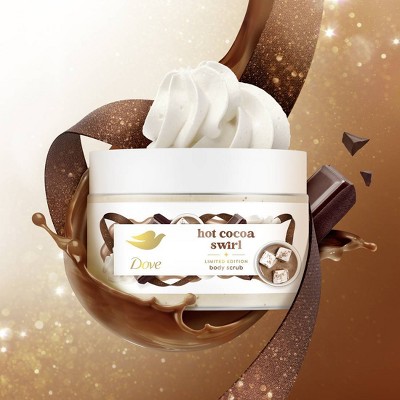 Dove Hot Cocoa Swirl Body Cream is set against a luxurious, swirling backdrop of rich chocolate and cream. The jar features a white lid, with a decadent chocolate swirl and whipped cream on top, evoking indulgence. 