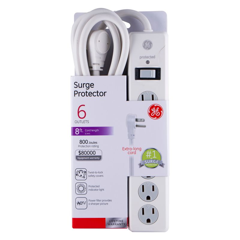 GE 6 Outlet Surge  Protector with 8&#39; Extension Cord Twist To Close Safety Covers White, 5 of 7