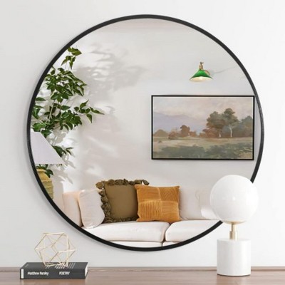 Black 32 Inch Metal Round Bathroom Mirror with Durable Construction and Sleek Finish