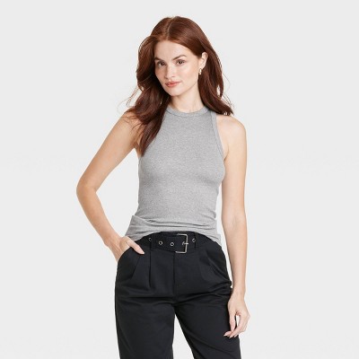 Aleja Top - High Neck Ribbed Tank Top in Grey Marle