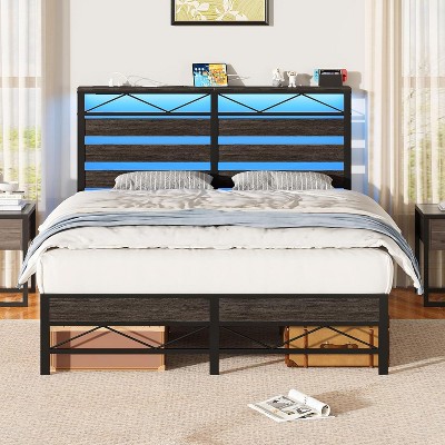 Full Bed Frame, Metal Platform Bed Frame with Headboard, LED Bed Frame with Charging Station, Noise-Free, Easy Assembly, Charcoal Black
