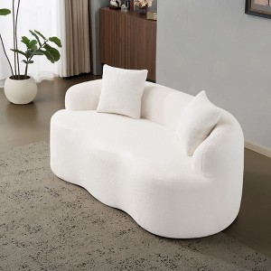 Wooakway 67" White Upholstered Loveseat with Round Armrest Teddy Velvet Compression Couch with 2 Pillows - 1 of 4